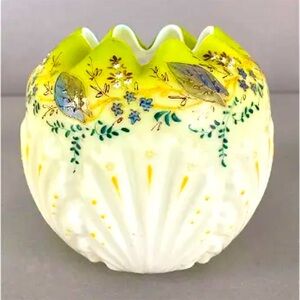 Hand blown Leaf and Floral Enameled Glass Rose bowl pinched vase hand painted